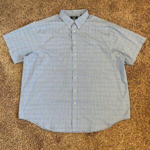 Roundtree & Yorke Plaid Button Down Collar Shirt Short Sleeve Light Blue 4XL
